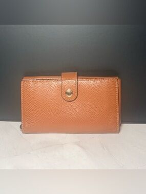 Coach Leather Checkbook Wallet Cognac Snap Closure Long Wallet Zip Pocket